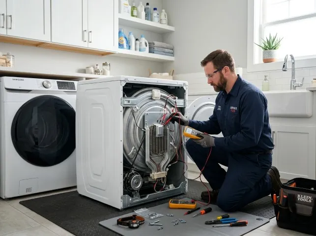 Appliance Repair Hero technician checking a dryer heating element with the rear panel off in Beech Island, SC