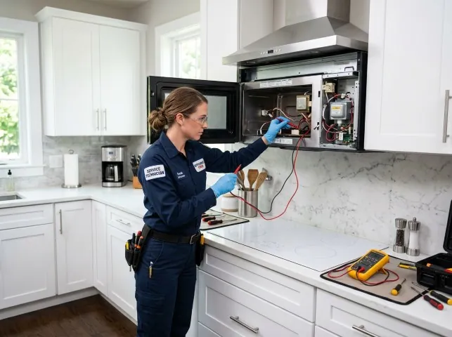 Appliance Repair Hero technician testing an over-the-range microwave in a Beech Island, SC kitchen