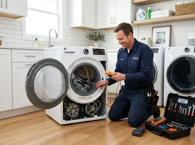 Appliance Repair Hero technician testing a front-load washer with a multimeter on a Beech Island, SC service call